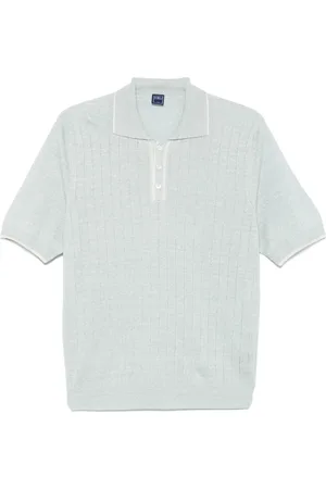 FEDELI Tops, Heren, Blauw, L, Katoen, Gebreide Polo Shirt, Linnen/Katoen Mix