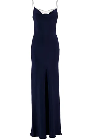Paco rabanne Kleedjes, Dames, Blauw, M, Satijn, Navy Satijnen Lange Jurk