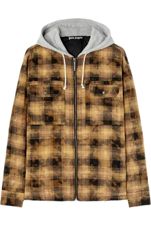 Palm Angels Jassen, Heren, Bruin, M, Katoen, Gebogen Logo Check Overshirt Jas