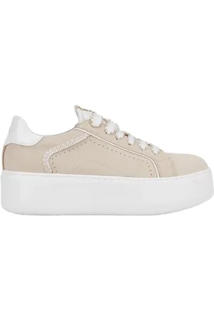 Janet&Janet Schoenen, Dames, , 39 EU, /Witte Leren Sneakers met Platform
