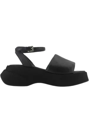 Elena Iachi Schoenen, Dames, Zwart, 37 EU, Leer, Leren sandalen met 60 mm rubberen sleehak