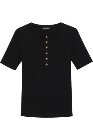 ANINE BING Tops, Dames, Zwart, M, Katoen, Geribbeld Zwart T-shirt met Gouden Knopen