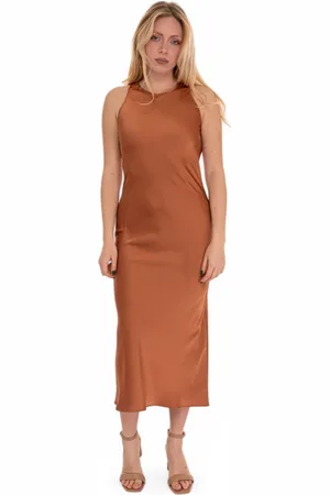 pennyblack Kleedjes, Dames, Bruin, M, Polyester, Satin Lange Jurk met Ronde Hals
