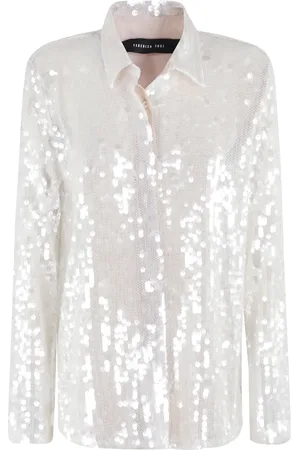 FEDERICA TOSI Blouses & Shirts, Dames, Grijs, S, Pailletten, Witte Pailletten Mesh Shirt