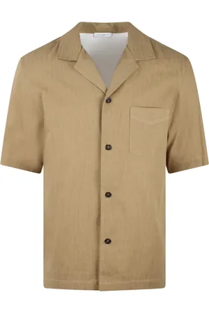 Paolo Pecora Overhemden, Heren, Bruin, M, Katoen, Canvas Bowling Shirt met Borduurwerk