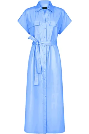 Dondup Kleedjes, Dames, Blauw, L, Katoen, Katoenen Jurk Korte Mouw Geknoopt Geriemd
