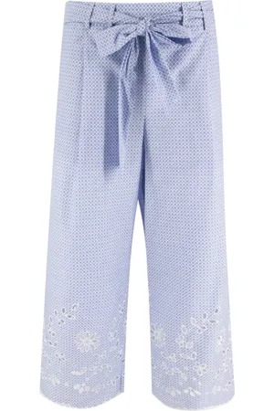 ERMANNO SCERVINO Broeken, Dames, Blauw, M, Katoen, Bloemen Kant Katoen Wijde Pijp Broek