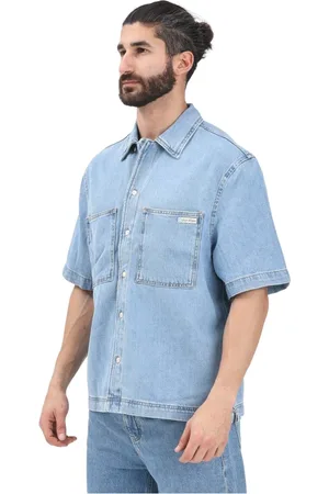 Calvin Klein Overhemden, Heren, Blauw, S, Denim, Denim korte mouw overhemd casual stijl