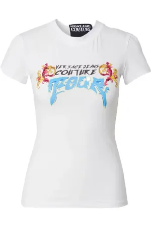 VERSACE Tops, Dames, Wit, M, Katoen, Institutional Logo T-shirt met korte mouwen