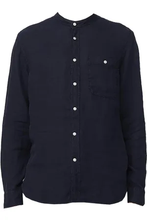 Woolrich Overhemden, Heren, Blauw, L, Linnen, Heren Linnen Overhemd met Mandarin Kraag