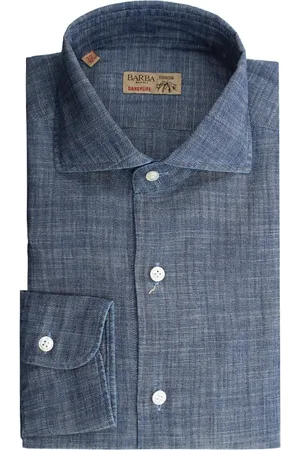 BARBA Overhemden, Heren, Blauw, XL, Linnen, Blauw linnen overhemd, Franse kraag, slim fit