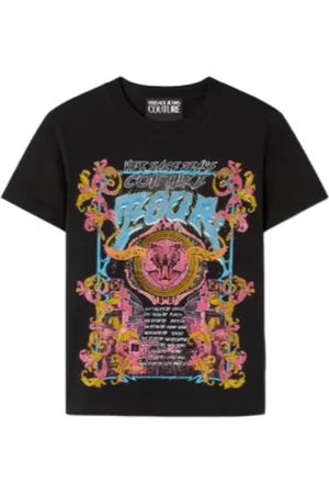 VERSACE Tops, Heren, Zwart, L, Katoen, Band Tour Grafische T-shirt met Kristallen