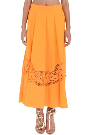 Twin-Set Rokken, Dames, Oranje, M, Katoen, Katoenen popeline lange rok met Sangallo-borduursel