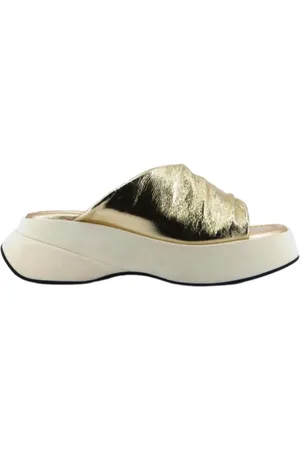 Elena Iachi Schoenen, Dames, Geel, 39 EU, Leer, Leren sandalen met 60mm sleehak
