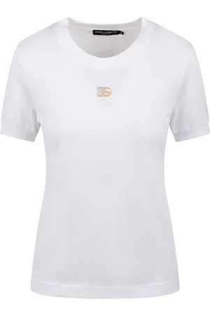 Dolce & Gabbana Tops, Dames, Wit, XS, Katoen, Geborduurd Logo T-shirt, Ronde Hals, Korte Mouwen