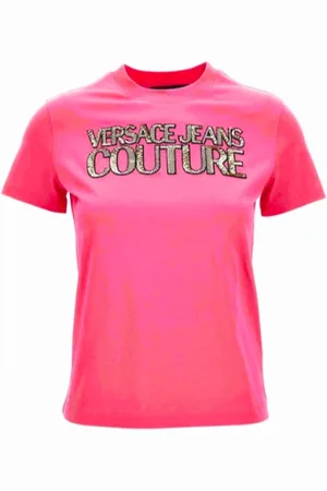 VERSACE Tops, Dames, Roze, L, Katoen, Paillet Logo T-shirt