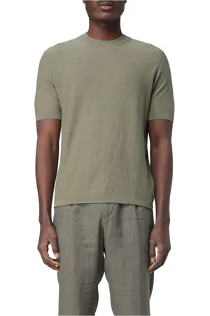 Paolo Pecora Tops, Heren, Groen, L, Katoen, Groene Gebreide T-shirt Eigentijds Stijl
