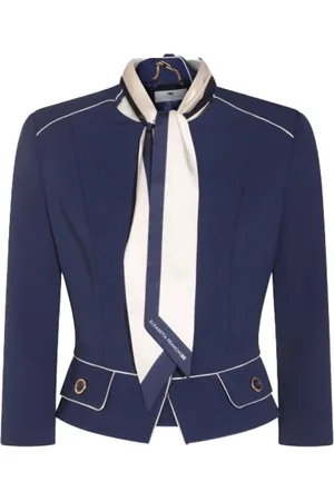 Elisabetta Franchi Jassen, Dames, Blauw, S, Elegante Stretch Crepe Jacket met Contrast Piping