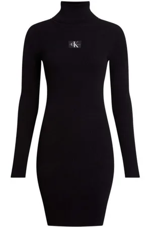 Calvin Klein Kleedjes, Dames, Zwart, M, Zwarte Badge Roll Neck Sweater Jurk