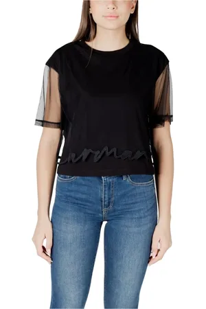 Armani Exchange Tops, Dames, Zwart, M, Katoen, Zwarte Katoenen Korte Mouw Top