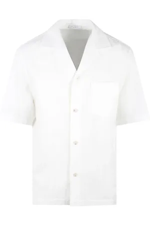 Paolo Pecora Overhemden, Heren, Wit, M, Katoen, Canvas Bowling Shirt met Borduurwerk