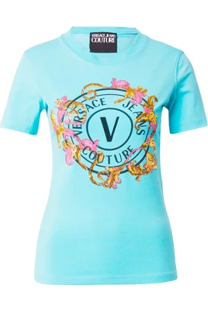 VERSACE Tops, Dames, Blauw, M, Katoen, Barocco Logo T-shirt met kristallen