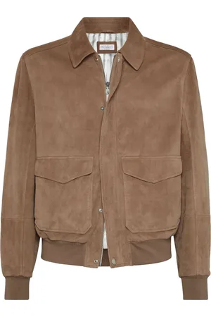 Brunello Cucinelli Jassen, Heren, Bruin, M, Suède, Suède Bomberjack met Ritssluiting