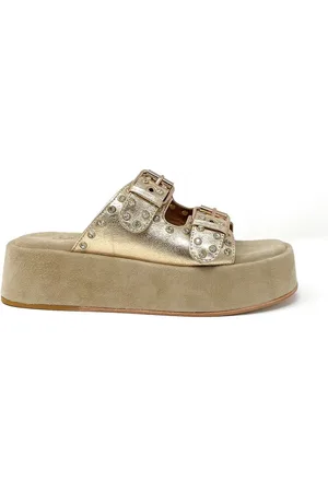 Janet&Janet Schoenen, Dames, Geel, 40 EU, Suède, Gouden Ivette Platform Sandalen met Gespen