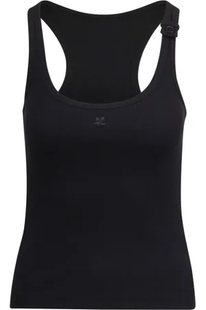 Courrèges Tops, Dames, Zwart, S, Katoen, Rib Tank Top met Gesp Detail