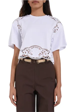 Twin-Set Tops, Dames, Wit, XS, Katoen, Katoenen Jersey T-shirt met Sangallo Borduurwerk