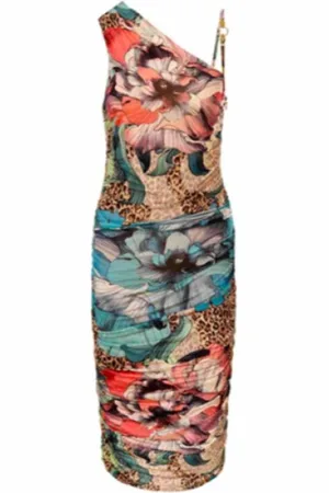 Roberto Cavalli Kleedjes, Dames, Veelkleurig, S, Bloemen Animal Print Midi Jurk