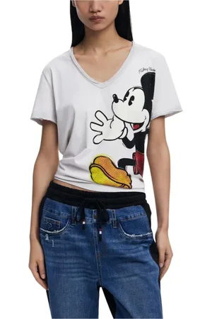 Desigual Tops, Dames, Veelkleurig, XL, Katoen, Grijze V-Neck Printed Katoenen T-Shirt