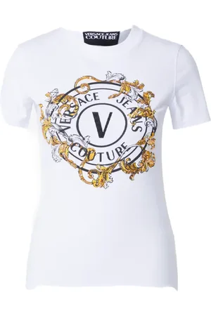 VERSACE Tops, Dames, Wit, M, Katoen, Barocco Logo T-shirt met kristallen
