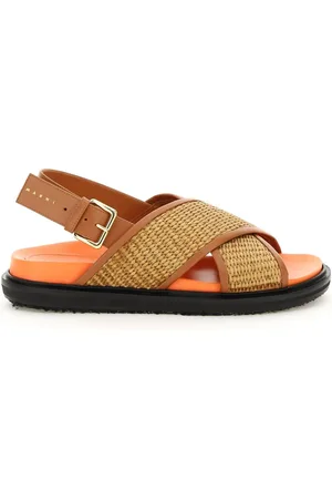 Marni Schoenen, Dames, Bruin, 36 EU, Leer, Raffia en leren sandalen