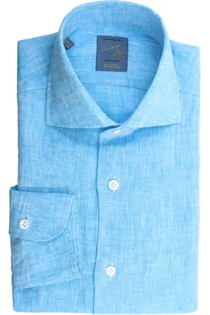 BARBA Overhemden, Heren, Blauw, L, Linnen, Turquoise Linnen Overhemd Slim Fit