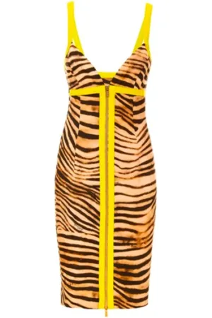 Roberto Cavalli Kleedjes, Dames, Veelkleurig, S, Beige Animal Print Midi Jurk