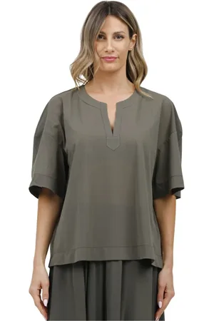 Max Mara Blouses & Shirts, Dames, Groen, L, Koreaanse V-hals korte mouw overhemd