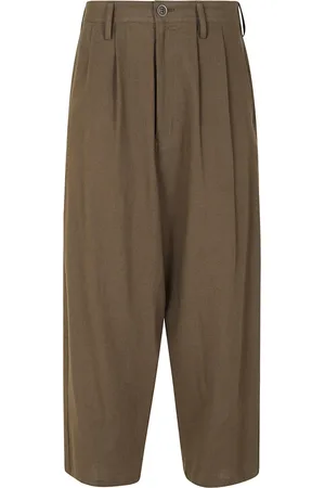 YOHJI YAMAMOTO Broeken, Dames, Bruin, L, Katoen, Katoenen Linnen Khaki Broek