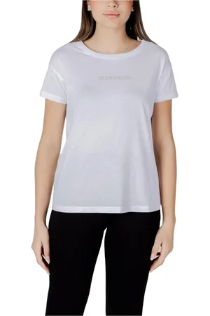 Armani Exchange Tops, Dames, Wit, L, Katoen, Elegante Crew Neck T-Shirt voor vrouwen