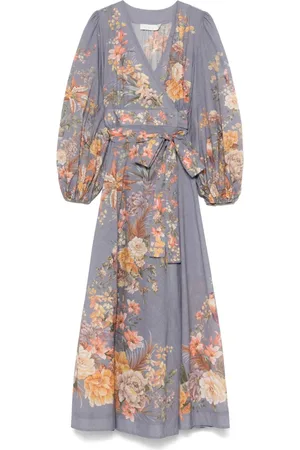 ZIMMERMANN Kleedjes, Dames, Blauw, S, Katoen, Gebloemde katoenen midi-jurk met pofmouwen