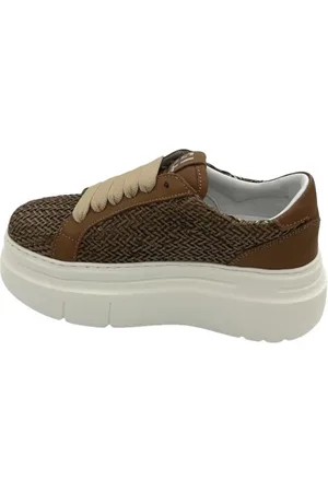 Gio+ Schoenen, Dames, Bruin, 41 EU, Leer, Duifgrijze Geweven Leren Sneakers