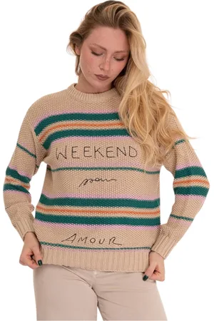 Max Mara Truien, Dames, Veelkleurig, L, Katoen, Gestreepte pullover met ronde hals en print
