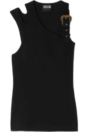 VERSACE Tops, Dames, Zwart, S, Geribbelde tanktop met barokgesp