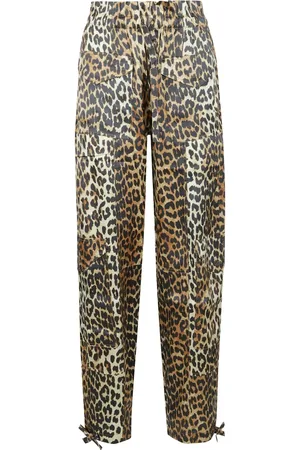 Ganni Broeken, Dames, Bruin, L, Satijn, Leopard Print Satin Drawstring Pants