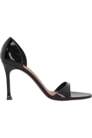 Amina Muaddi Schoenen, Dames, Zwart, 36 EU, Leer, Zwarte Lakleren Stiletto Sandalen