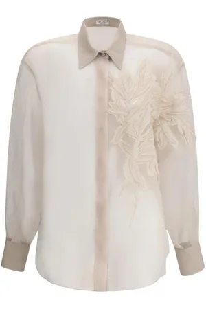 Brunello Cucinelli Blouses & Shirts, Dames, , S, Zijden overhemd met geborduurde bladversiering