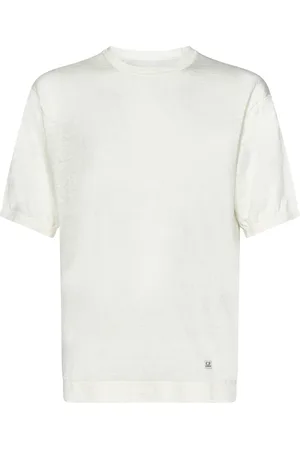 C.P. Company Tops, Heren, Wit, L, Linnen, Wit Linnen Logo Patch T-Shirt