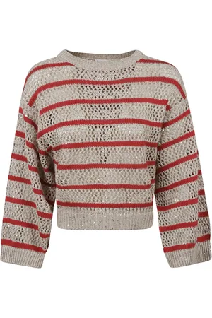 Brunello Cucinelli Truien, Dames, Bruin, M, Taupe Crew Neck Sweater met Strepen