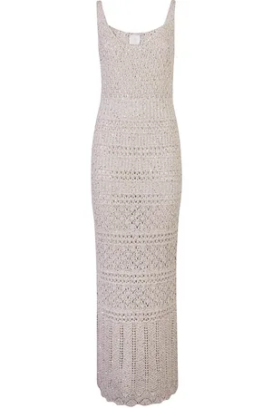ELEVENTY Kleedjes, Dames, Grijs, L, Katoen, Lange Gebreide Jurk met Lurex