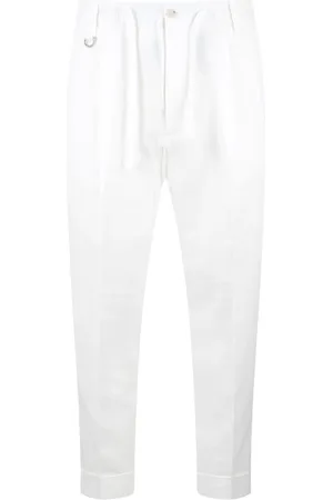 Paolo Pecora Broeken, Heren, Wit, L, Katoen, Katoenen Crepe Slim Fit Trekkoordbroek